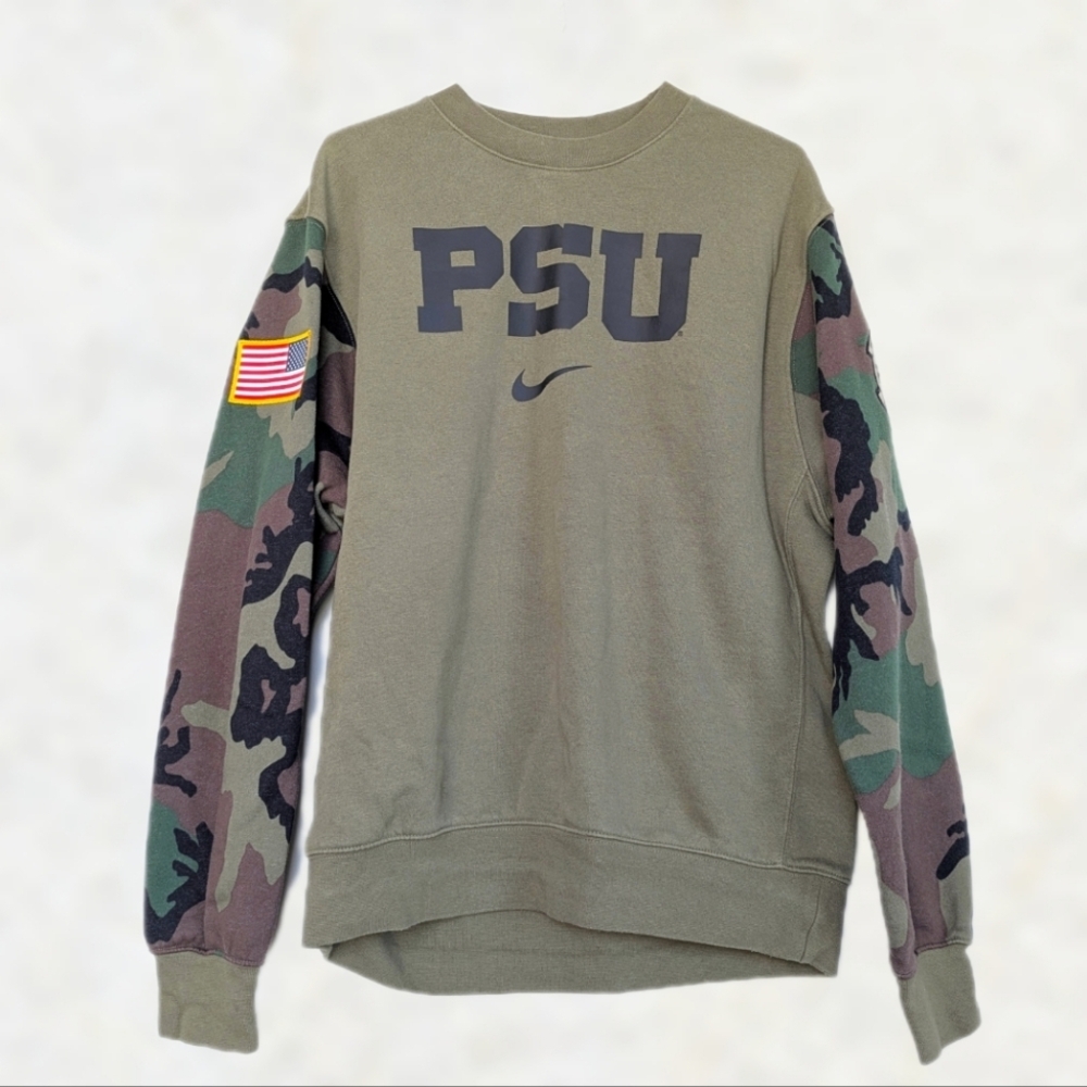 Nike Penn State Sweatshirt Military Appreciation Olive Camo Sleeve Flag Patch -M